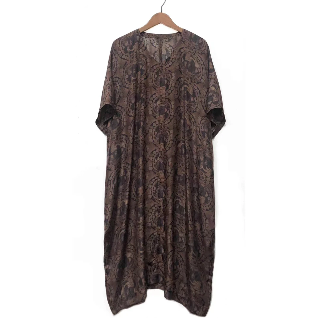 【7折】左岸迷香伽罗色赤铜色连衣裙5008 百搭印花桑蚕丝长裙宽松