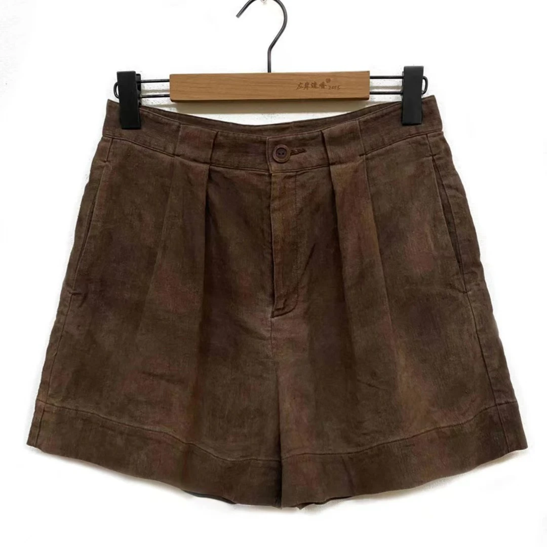 左岸迷香 泥黄短裤3011 棉亚麻百搭休闲宽松阔腿复古显瘦时尚舒适