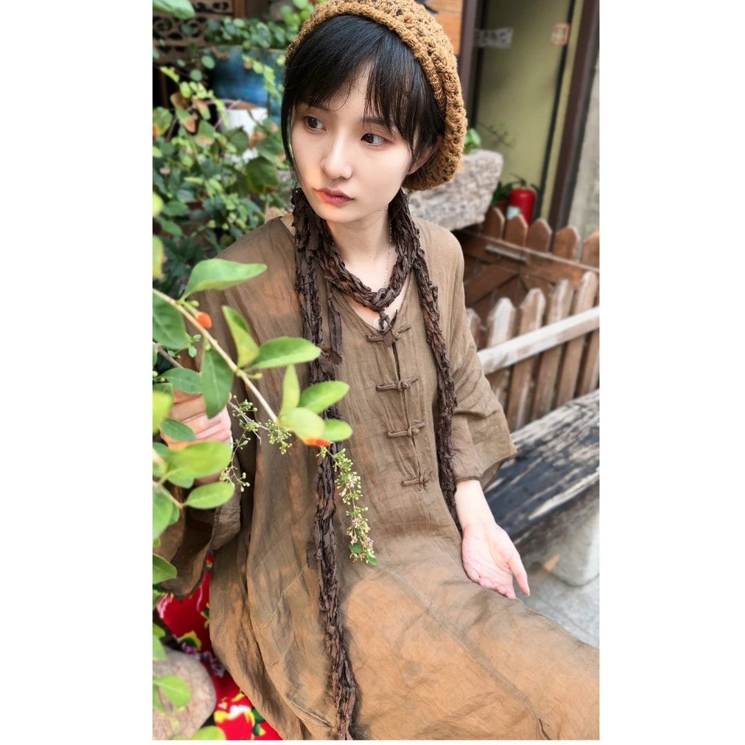 左岸迷香 连衣裙82512宽松复古套头盘扣文艺中国风中长款夏季休闲