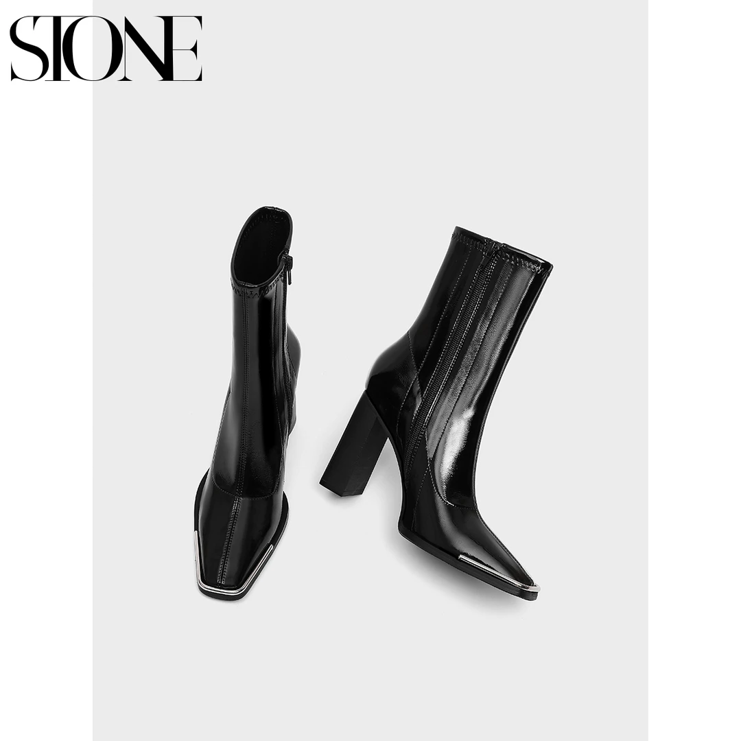 石头家 肯豆同款高跟短靴女金属方头粗跟瘦瘦靴黑色漆皮秋冬新款