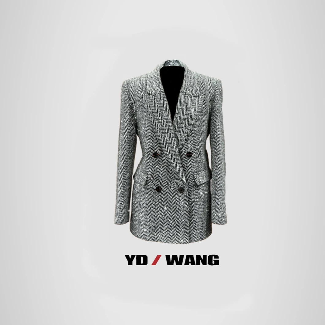 【YD精选】闪钻轻奢长西装  时尚休闲长袖女士银色外套设计款