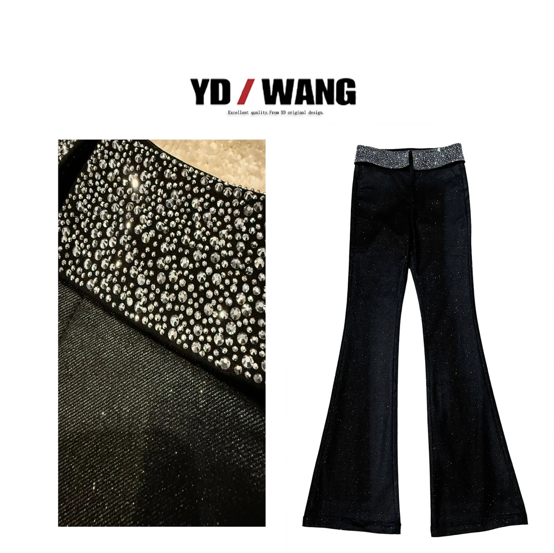 【YD精选】满钻腰头星耀加绒微喇裤   百搭显瘦女洋气休闲高腰