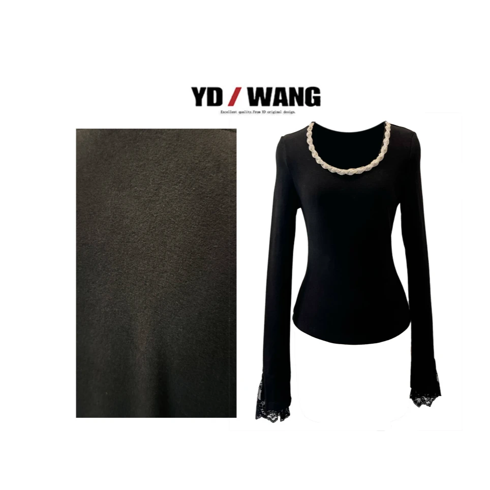 【YD精选】花边蕾丝袖钻领打底衫   衬衫上衣女士打底纯色长袖气质