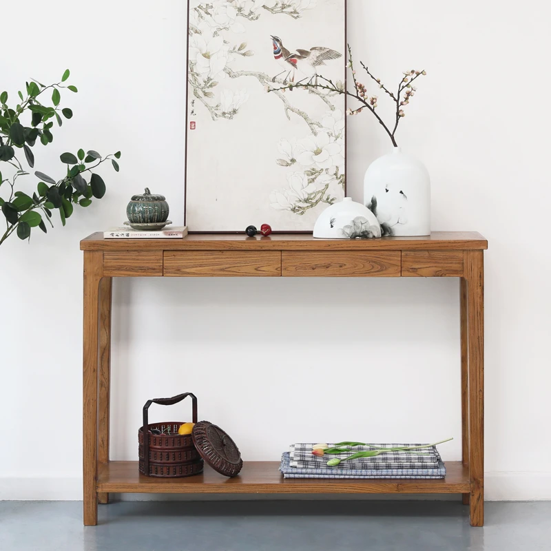 新中式玄关桌实木长条几柜储物案台置物架北欧现代简约榆木窄边桌