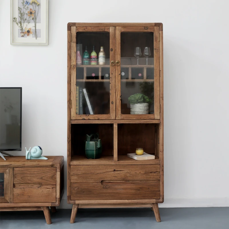 老榆木酒柜高餐边柜组合北欧日式多功能老门板原实木置物柜客厅