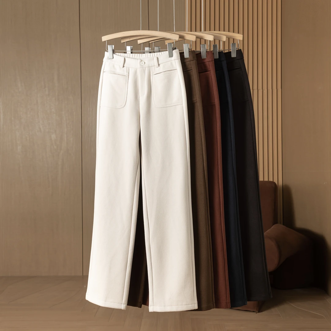 绵羊毛秋冬加厚软糯窄版直筒裤女士高腰休闲宽松