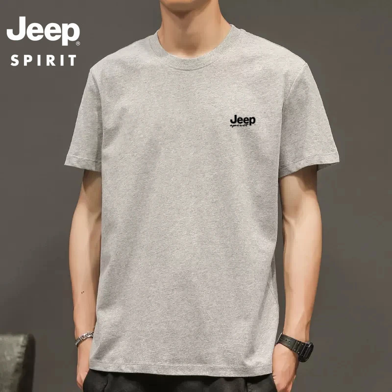 JEEP短袖T恤男夏季圆领纯棉短袖男百搭透气打底纯色印花T恤半袖潮