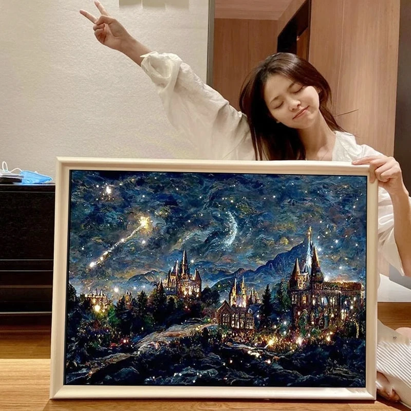 梵高星空十级高难度拼图成人版1000片带框可挂墙画大人解压平图大