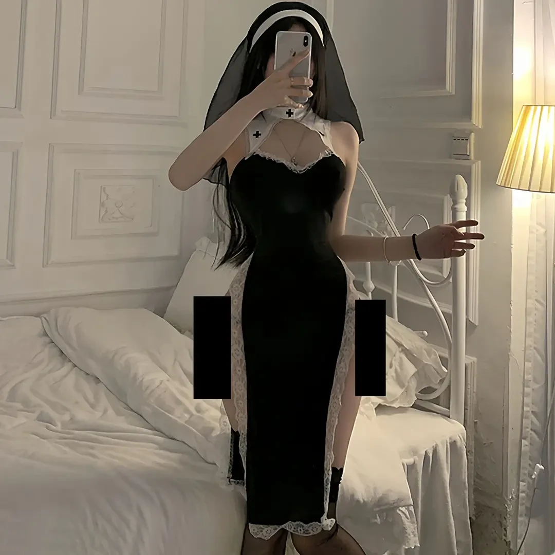 清纯蕾丝性感复古高开叉旗袍纯欲风高级感惩罚修女制服套装女仆装