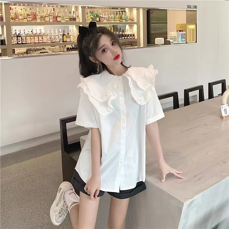 百搭夏季新款双层娃娃领短袖1430