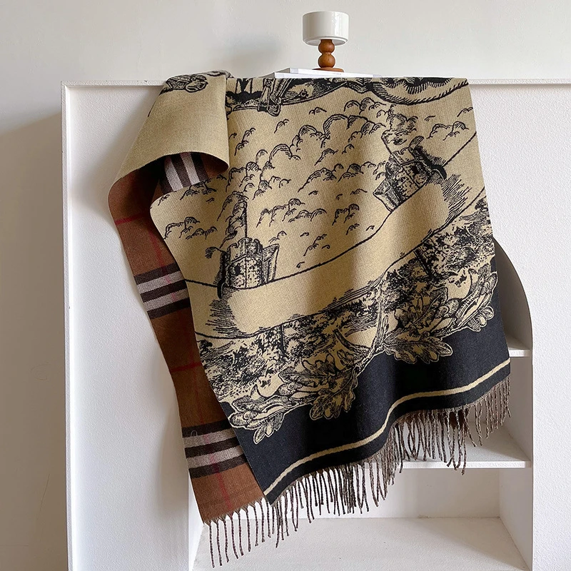 复古高端格纹双面围巾女新款美拉德战马气质冬季保暖披肩气质围脖