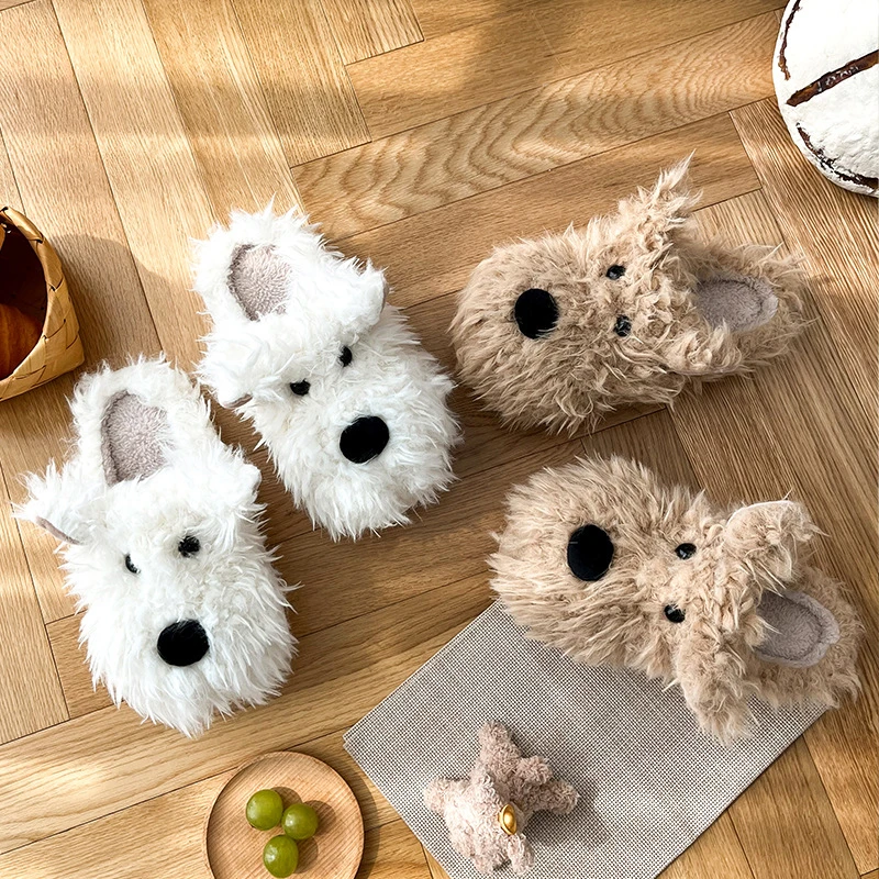 潦草小狗棉拖鞋女冬季室内防滑保暖半包跟毛绒月子软底毛毛拖鞋