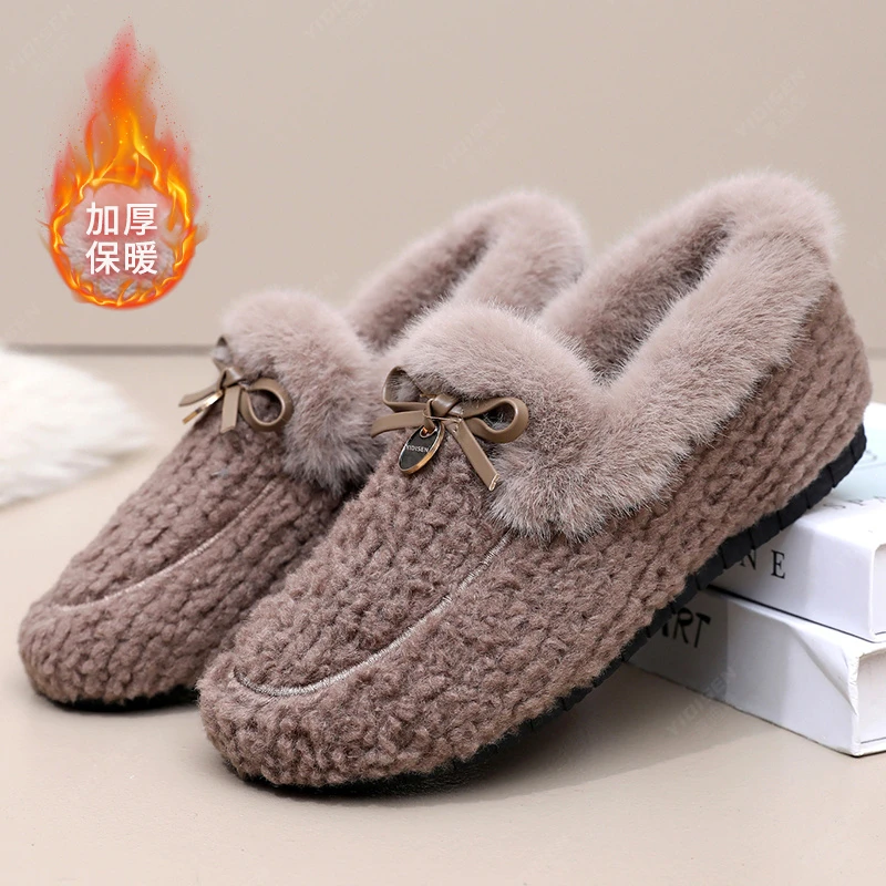 意迪森冬季百搭加绒保暖一脚蹬休闲棉鞋防滑毛毛鞋软底加绒豆豆鞋