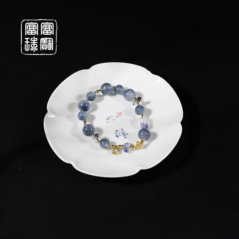 【雪沅】黑银钛+蓝钢丝  水晶18k金时尚手串（天然珠宝多样性发）