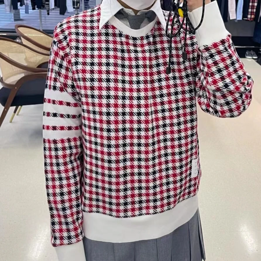 全新未使用 THOMBROWNE /四条纹格纹圆领长袖卫衣/公价9200/40码