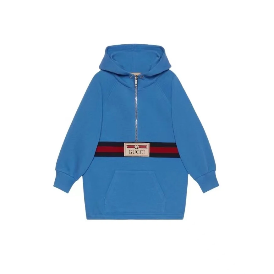 全新未使用 GUCCI/古驰 蓝色条纹字母Logo半拉链连帽长袖/12Y