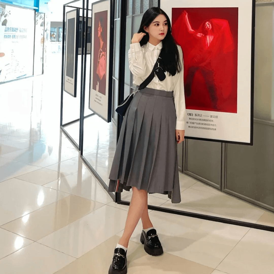 全新未使用  Thom Browne/条纹装饰高腰百褶中长半身裙/36码