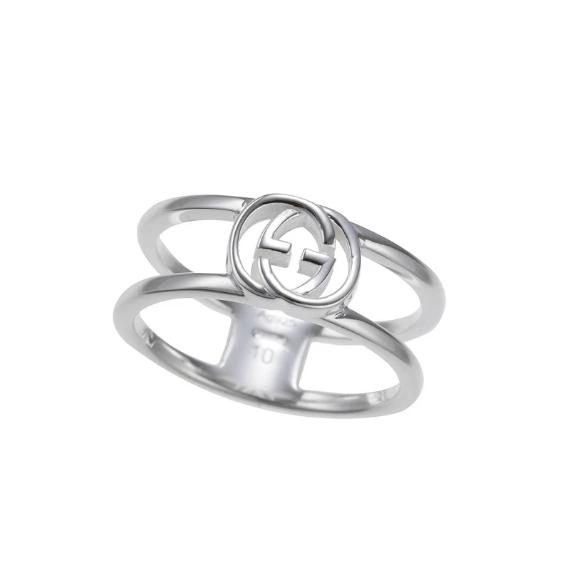 全新未使用  Gucci/925纯银互扣式双G窄版双圈开口戒指