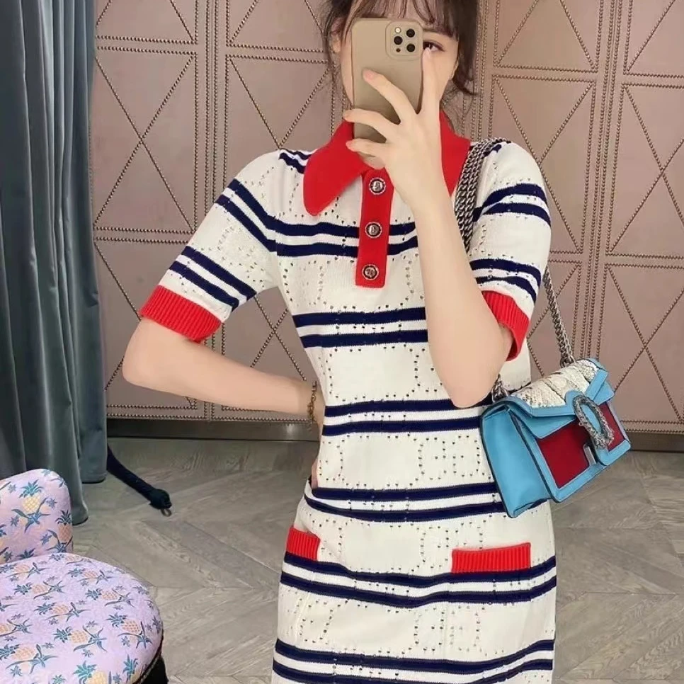 全新未使用  Gucci/撞色条纹镂空针织连衣裙/XS码