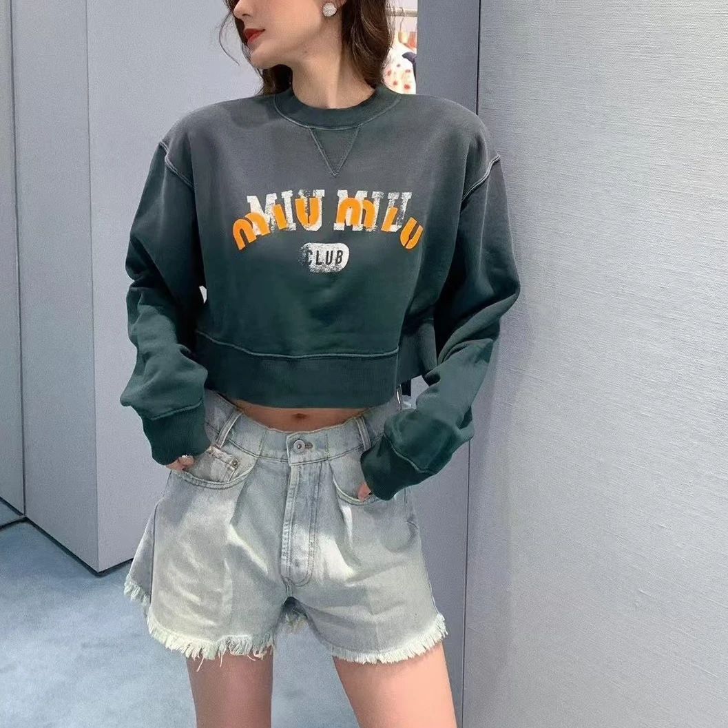 全新未使用 MIU MIU/缪缪 /字母Logo印花短款休闲圆领长袖卫衣/S