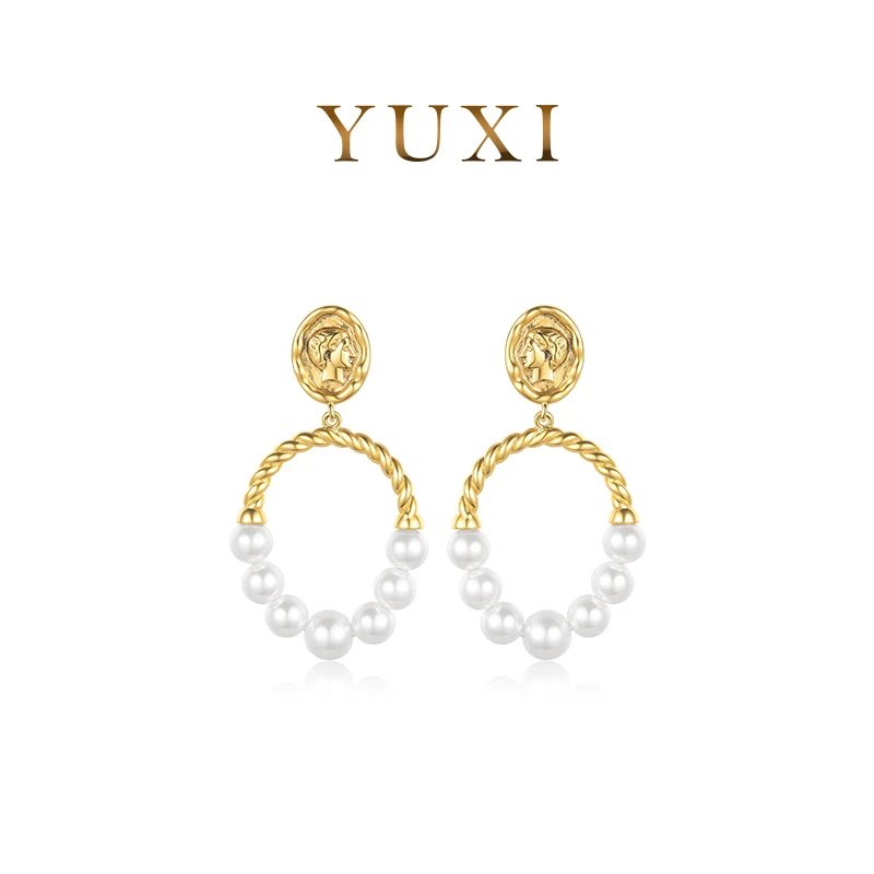 羽兮 铜合金仿珍珠耳饰 罗马古币轻奢复古耳钉耳环