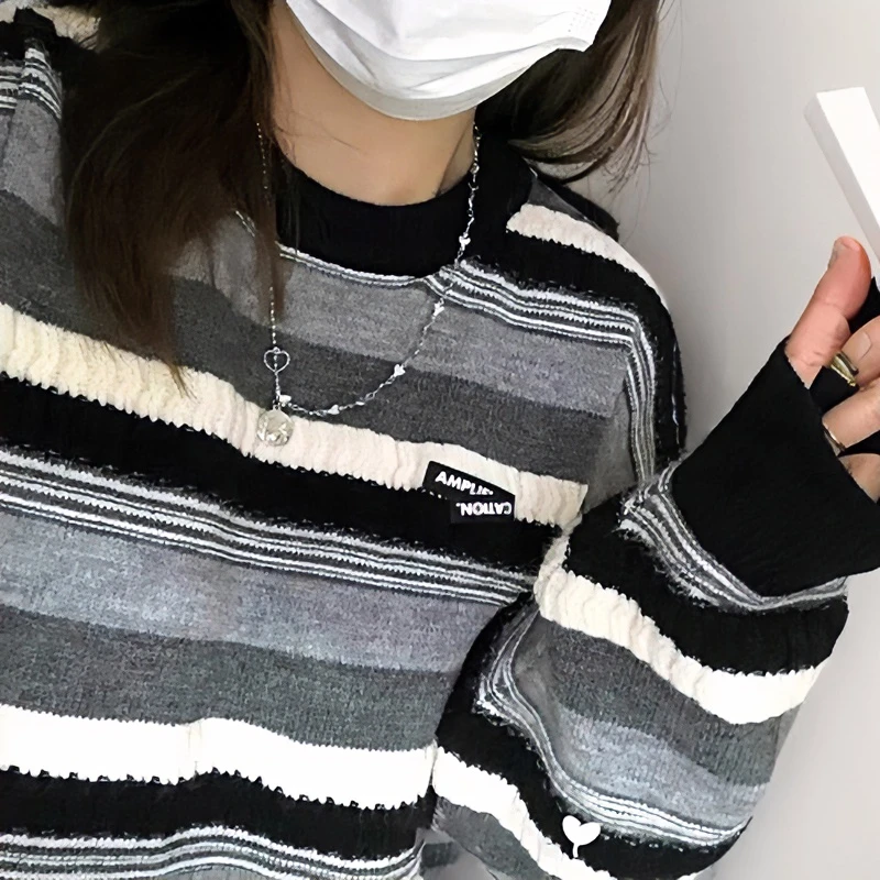 网红复古条纹毛衣女2023新款秋冬加厚慵懒风百搭保暖设计针织上衣