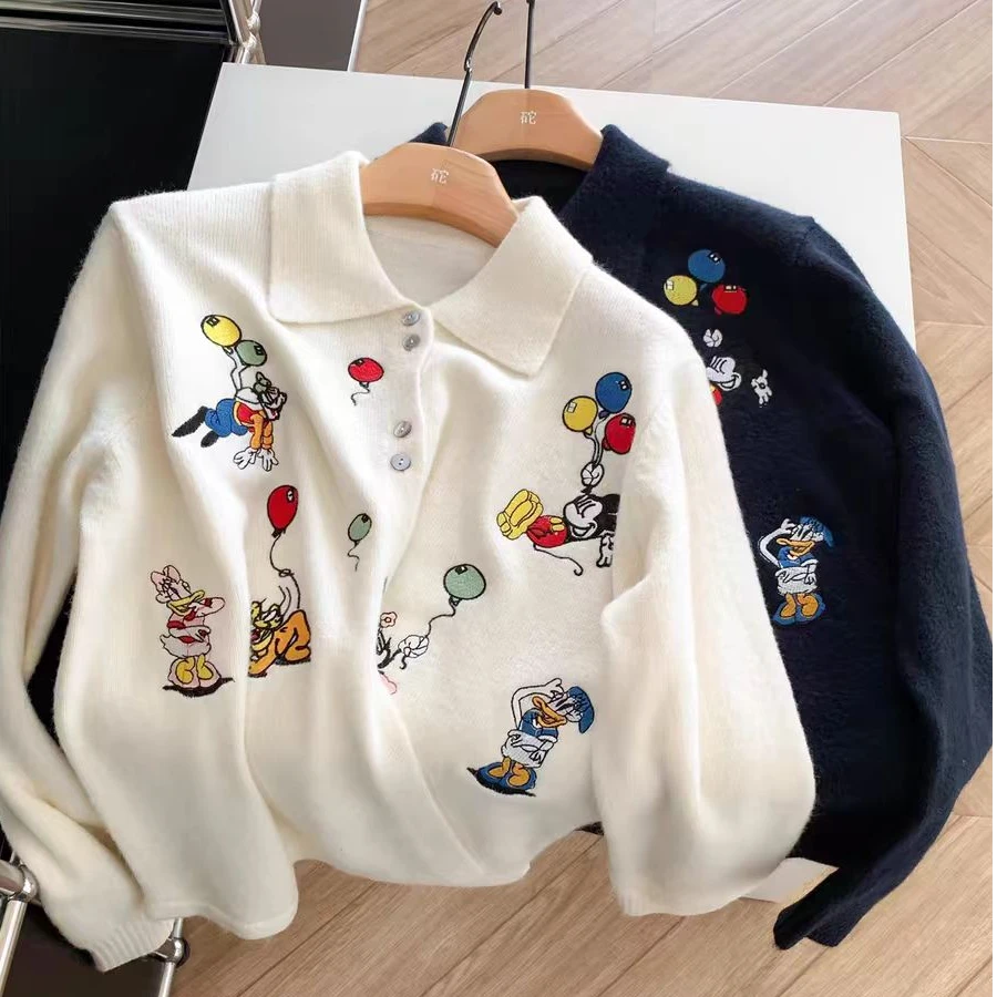 韩版小众减龄刺绣卡通米奇针织毛衣女秋冬新款慵懒风开衫上衣ins