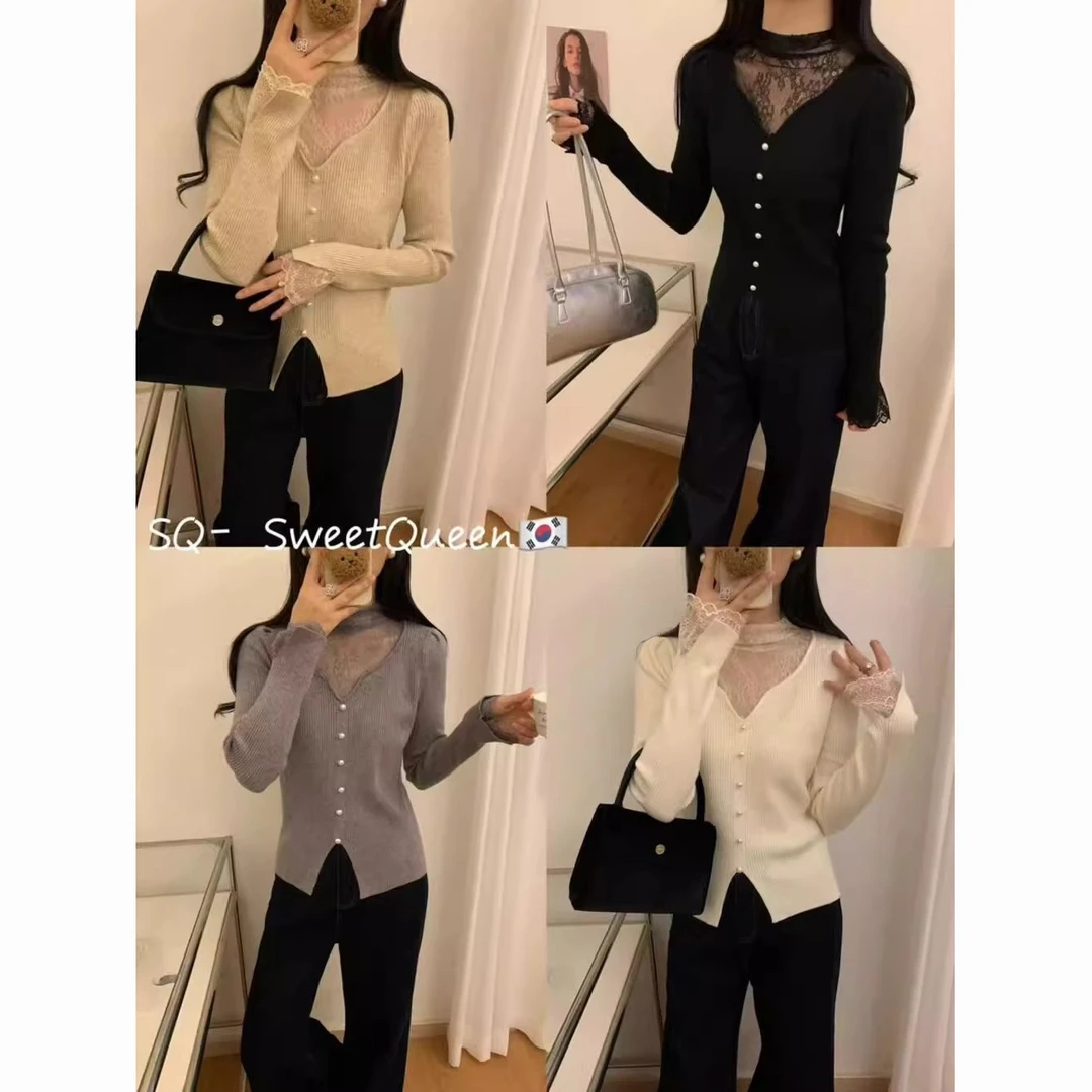 纯欲韩系小众设计感别致蕾丝拼接针织衫女秋冬新款假两件打底上衣