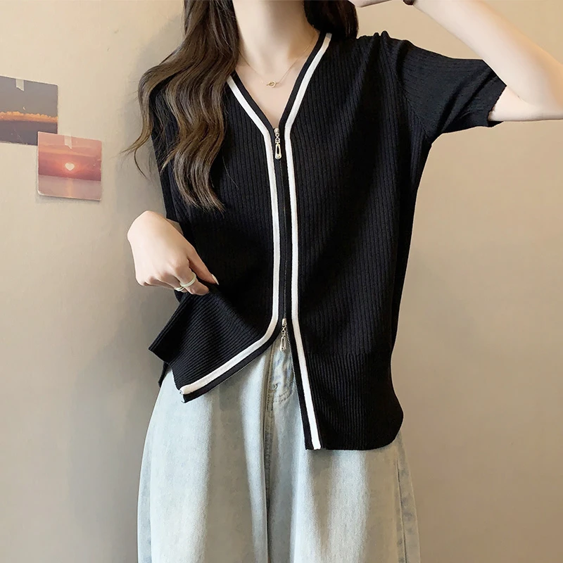 新款韩版V领双拉链冰丝针织开衫女夏季百搭短袖显瘦小衫上衣潮
