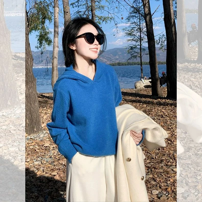 克莱因蓝宽松连帽毛衣女秋冬温柔复古韩版慵懒风长袖针织衫上衣潮