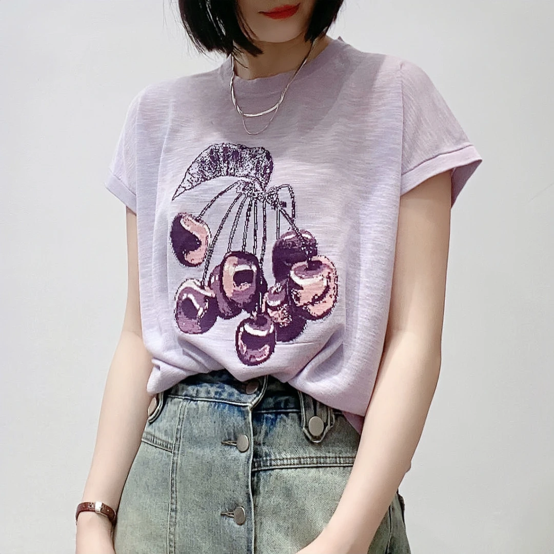 新款夏装印花樱桃冰丝针织衫女宽松薄款飞飞袖T恤百搭圆领上衣潮