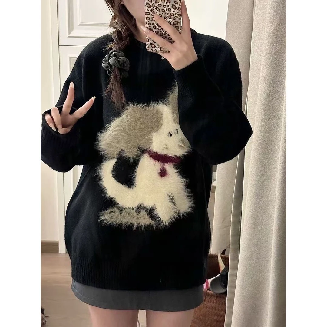 韩版黑色宽松针织毛衣女设计感情侣慵懒圆领套头上衣小狗提花秋冬