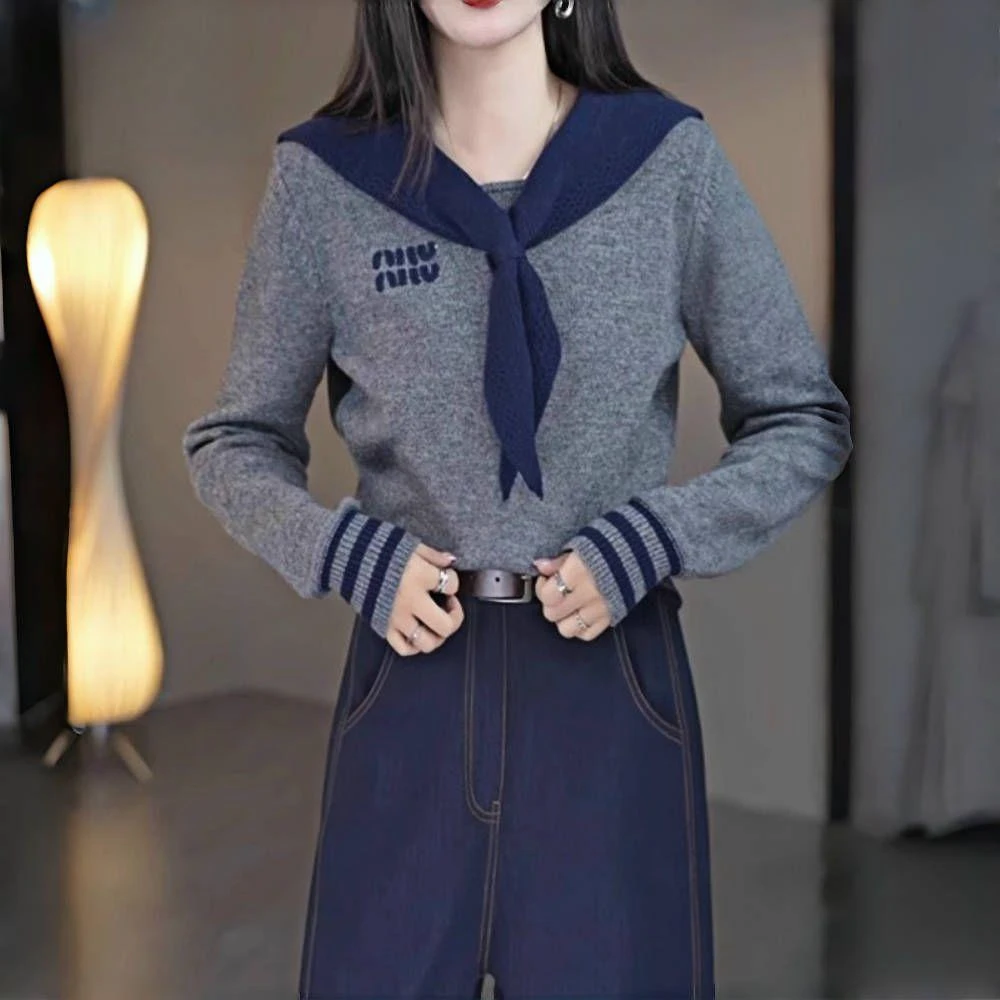 韩版学院风海军领针织衫女秋冬新款气质减龄刺绣撞色披肩长袖上衣