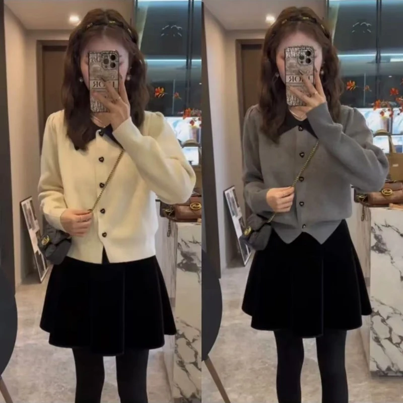 小香风复古轻奢撞色针织开衫女秋冬新款减龄小个子毛衣潮ins显瘦