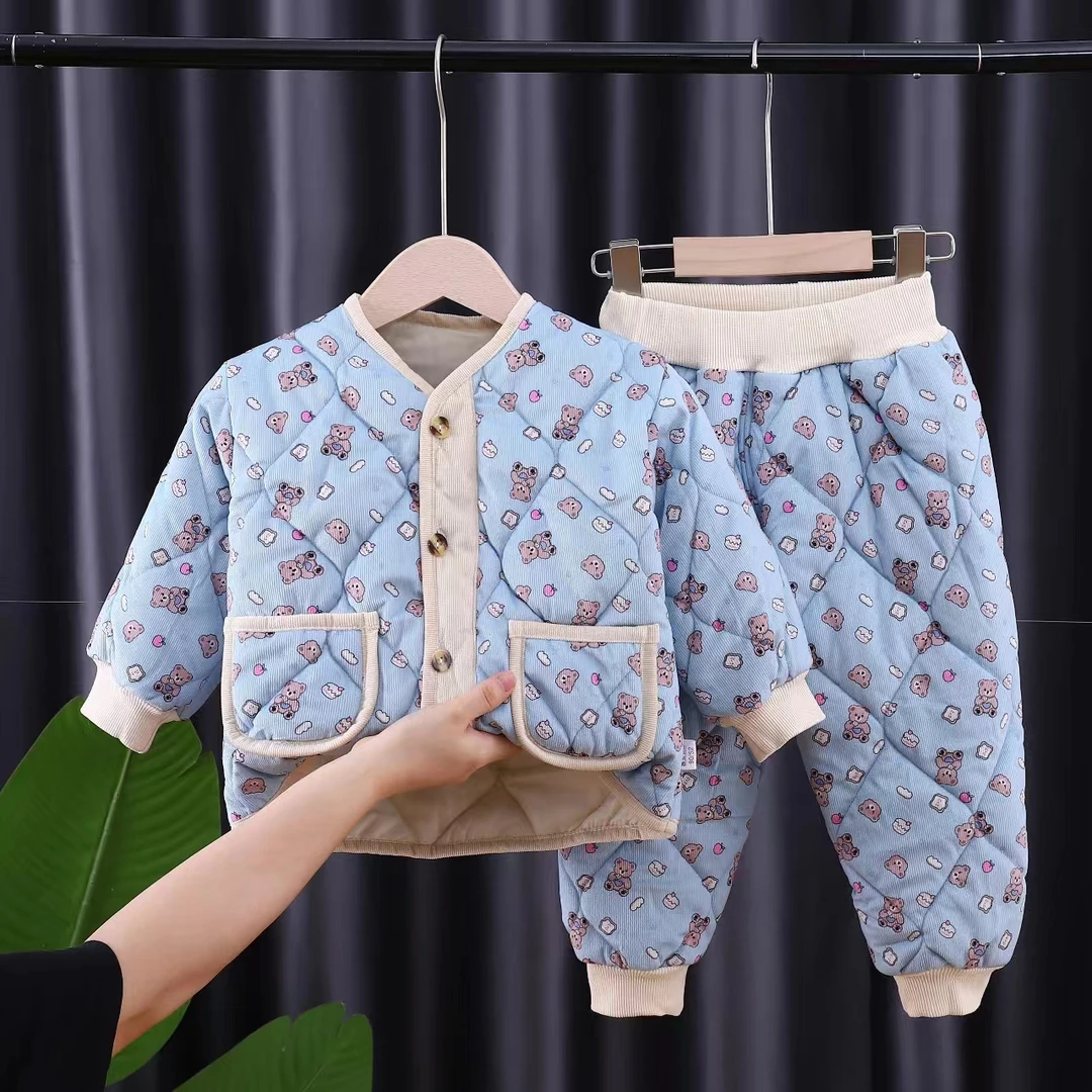 儿童加绒加厚睡衣三层保暖家居服套装宝宝两件套冬款小童可外穿