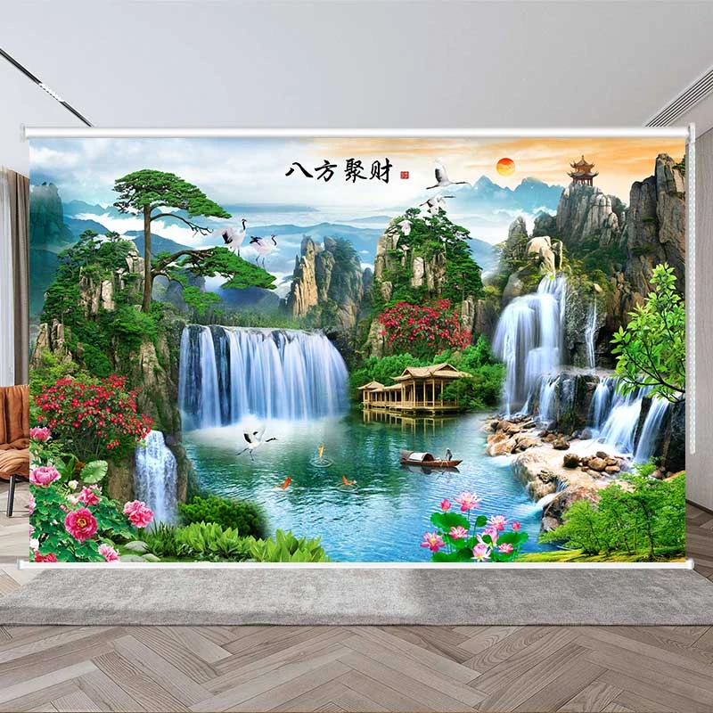 定制卷帘办公室山水图案墙壁背景遮阳隔热遮阳帘电动手拉帘迎客松