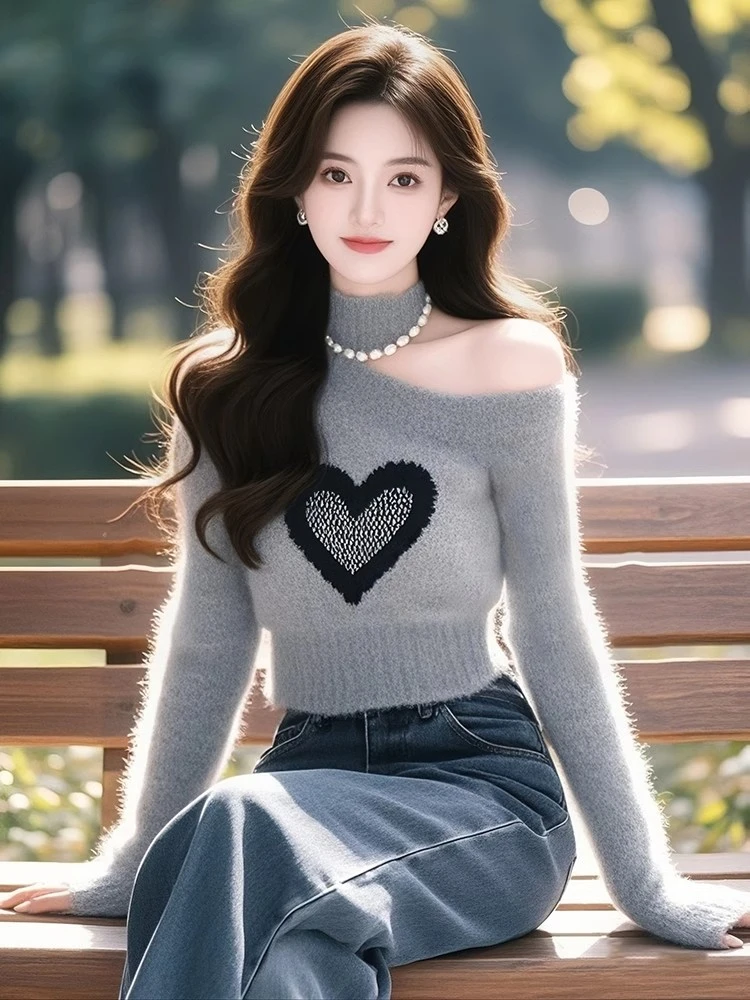 韩系小众设计感修身显瘦针织打底衫高级感超好看灰色斜肩毛衣女冬