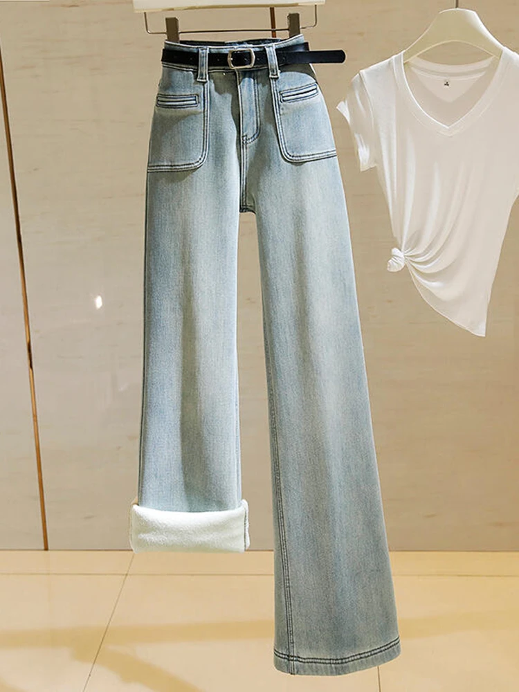 2024年冬季小众设计感梨形身材小个子高腰显瘦蓝色加绒牛仔阔腿裤