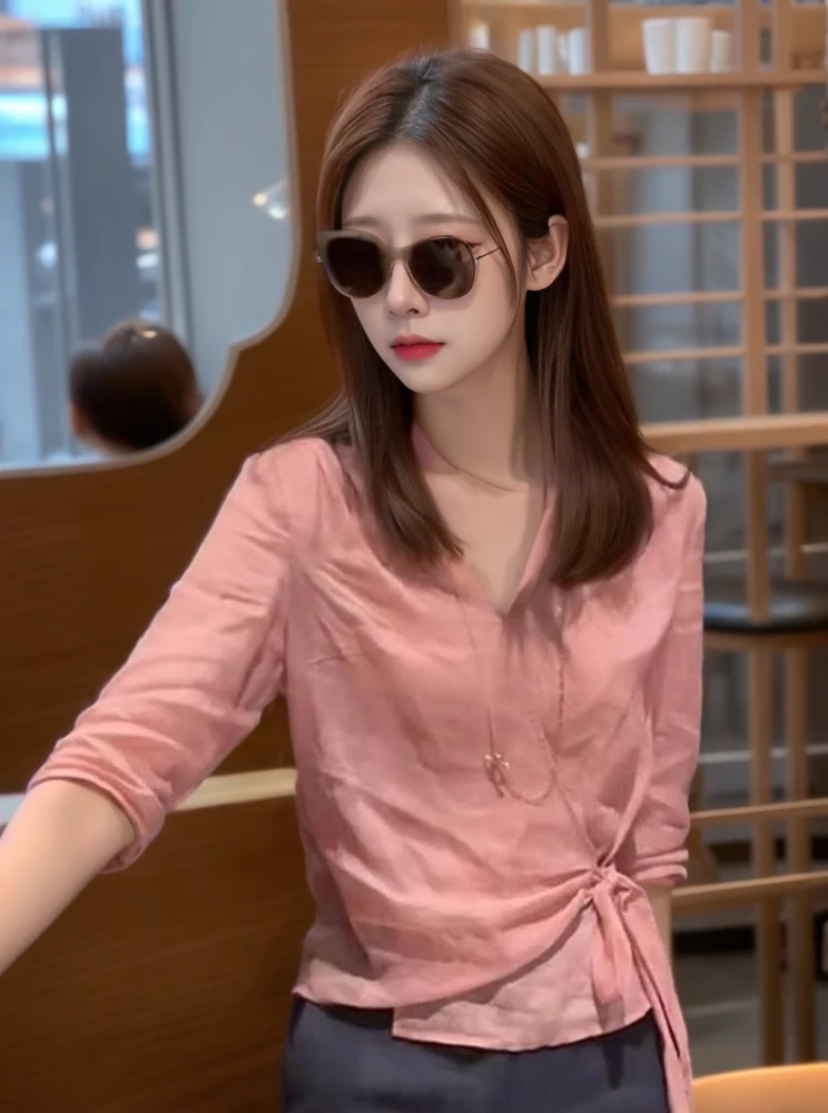 法式轻奢高级感衬衣女2024夏季高端欧货洋气独特绝美粉色系带衬衫