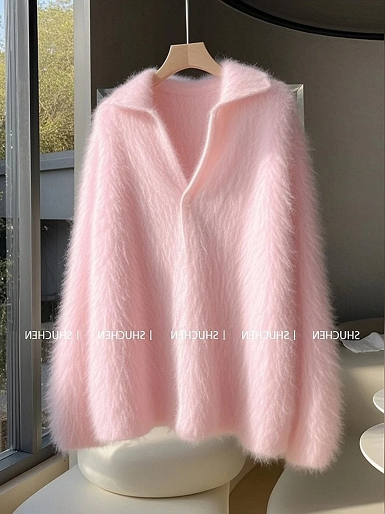 商场撤柜2024秋冬季小香风慵懒高级感气质宽松粉色翻领针织衫女装