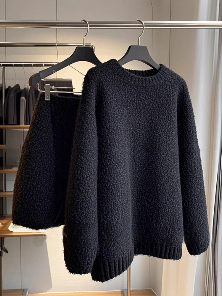 小个子穿搭一整套黑色针织毛衣套装裙女秋冬2024年新款时尚两件套