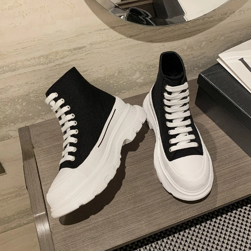 潮麦昆高帮帆布鞋女2025夏季新款增高厚底松糕系带休闲运动老爹鞋