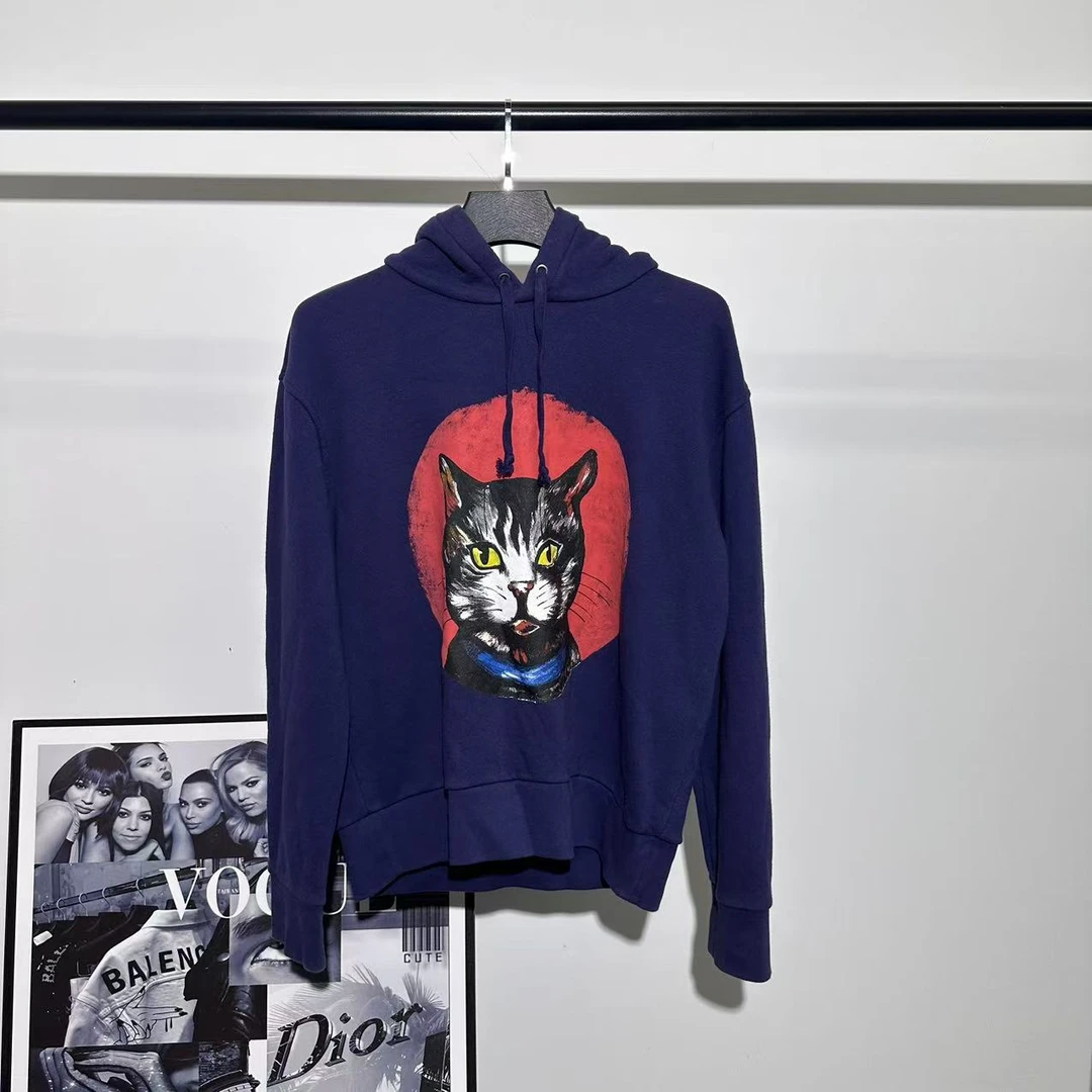 95新 GUCCI/古驰 蓝紫色猫咪图案帽衫/S码