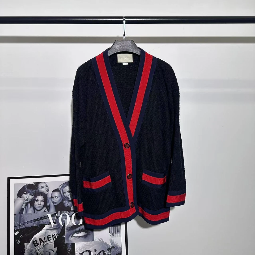 99新 GUCCI/古驰 红蓝条纹黑色编织开衫/36/38码