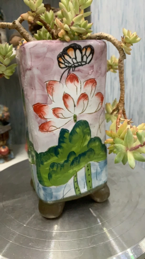 精品彩绘荷花蝴蝶四足高方盆(多肉免费)