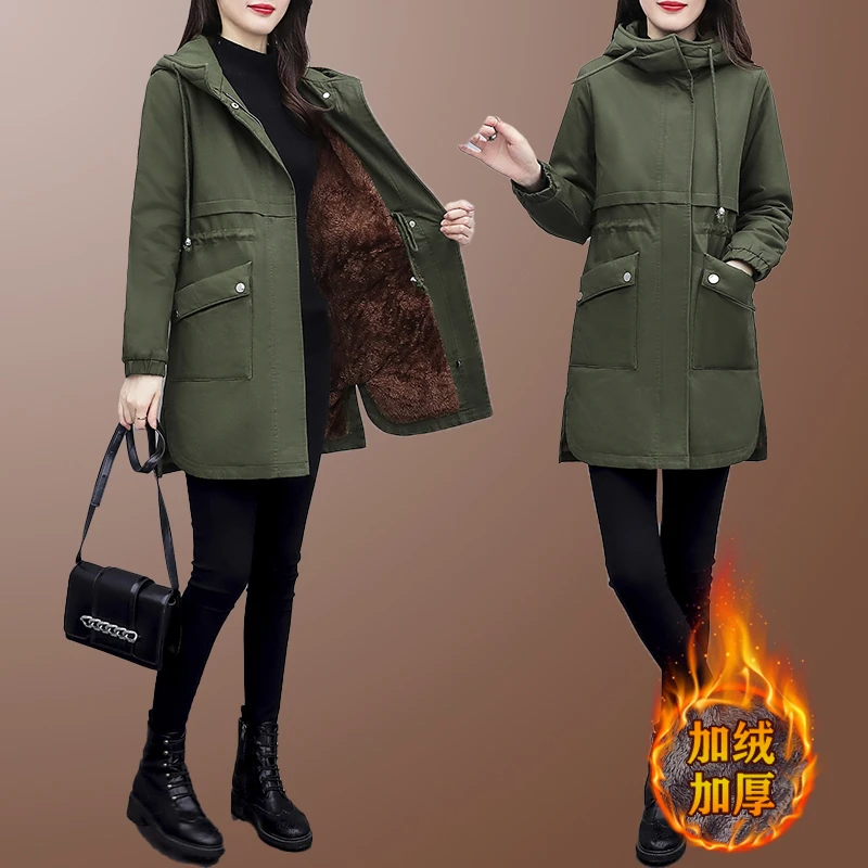 中老年洋气连帽中长款棉服女款2025冬季新款宽松休闲加厚保暖棉衣