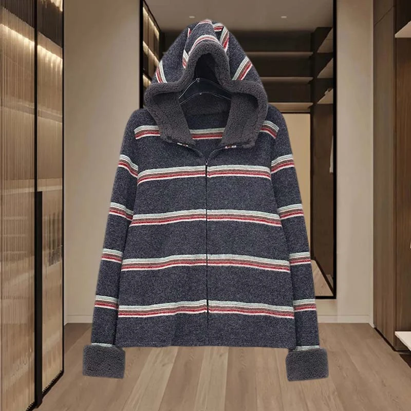 韩版连帽条纹针织衫外套女2024秋冬季新款设计感加厚保暖开衫卫衣