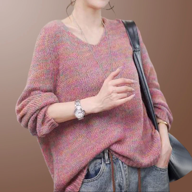 V领针织毛衣女款2025秋季新款宽松遮肉胖mm大码洋气慵懒风上衣