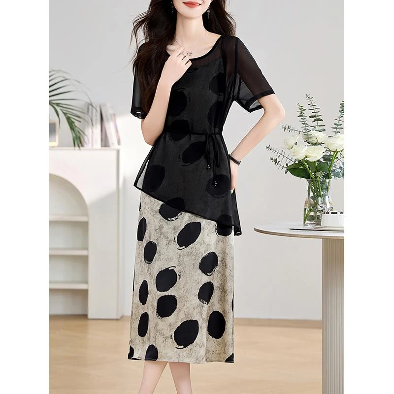 雪纺短袖上衣半身裙两件套女夏季2024新款女装夏装洋气连衣裙套装