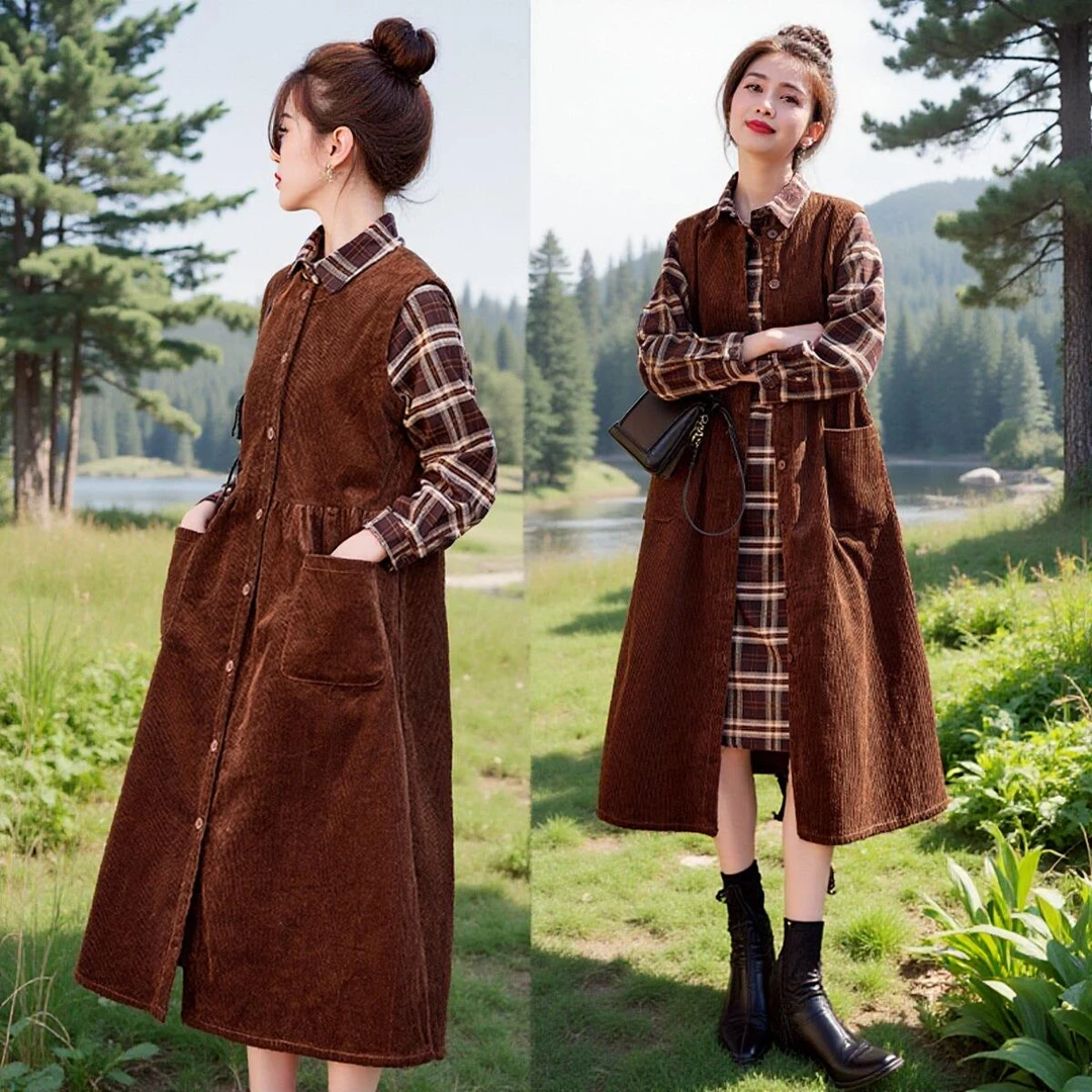 女装秋季2024新款美拉德穿搭灯芯绒无袖马甲格子衬衫连衣裙两件套